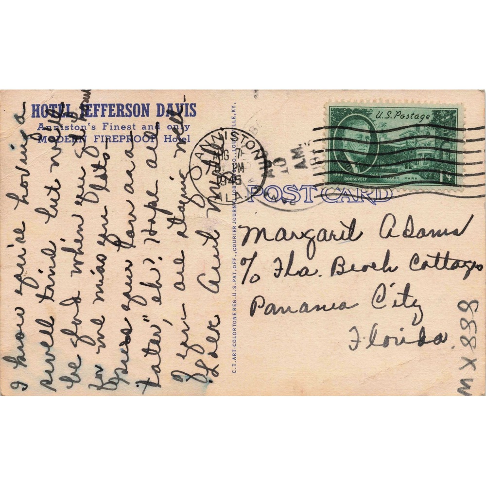 Vintage Hotel Jefferson Davis Anniston‎ Alabama Postcard 1945 - Picture 2 of 2